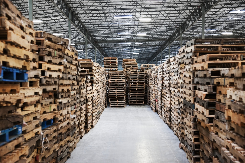 Stacked pallets in warehouse