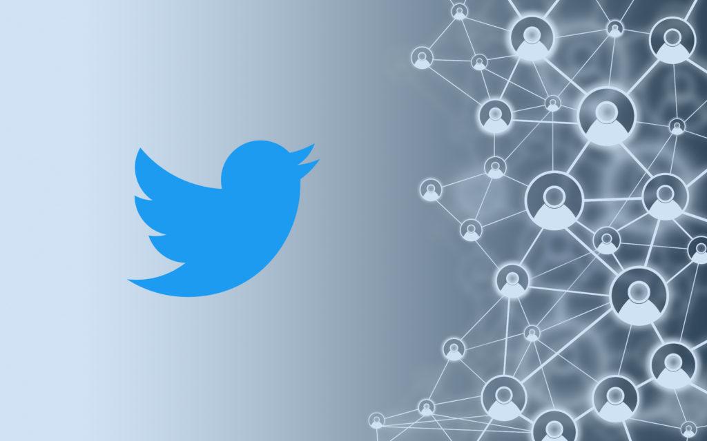 Twitter logo on a gray background with symbolic linked contacts,