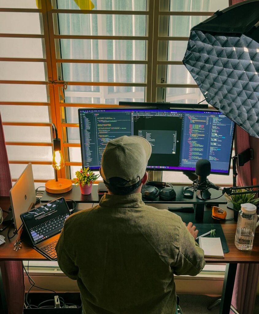 modern home office workspace with developer coding