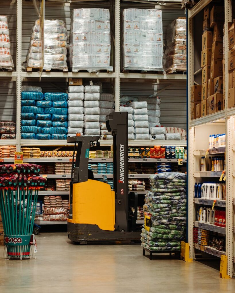 store shelves and warehouse lift