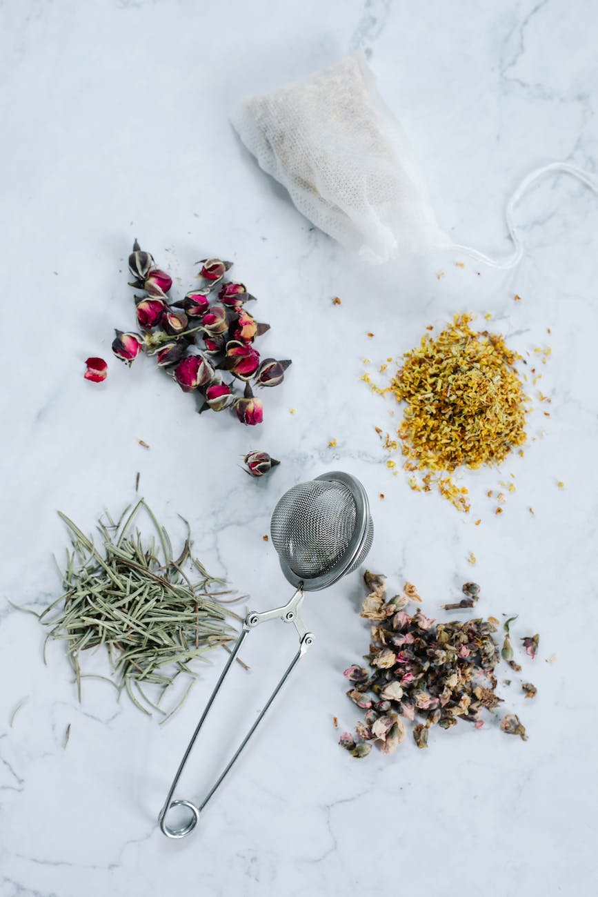 leaves and tea infuser on white background