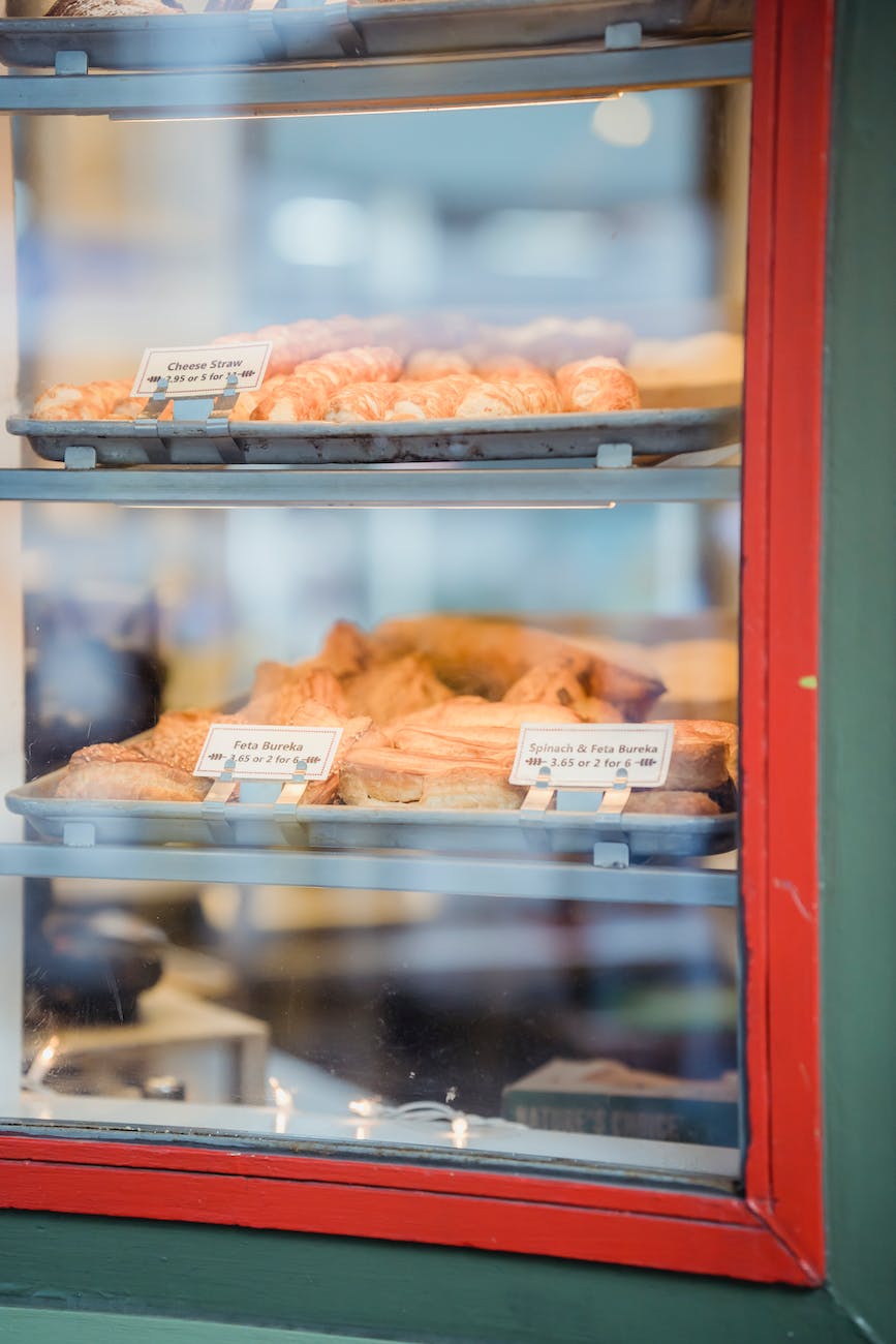 showcase of bakery with fresh pastry