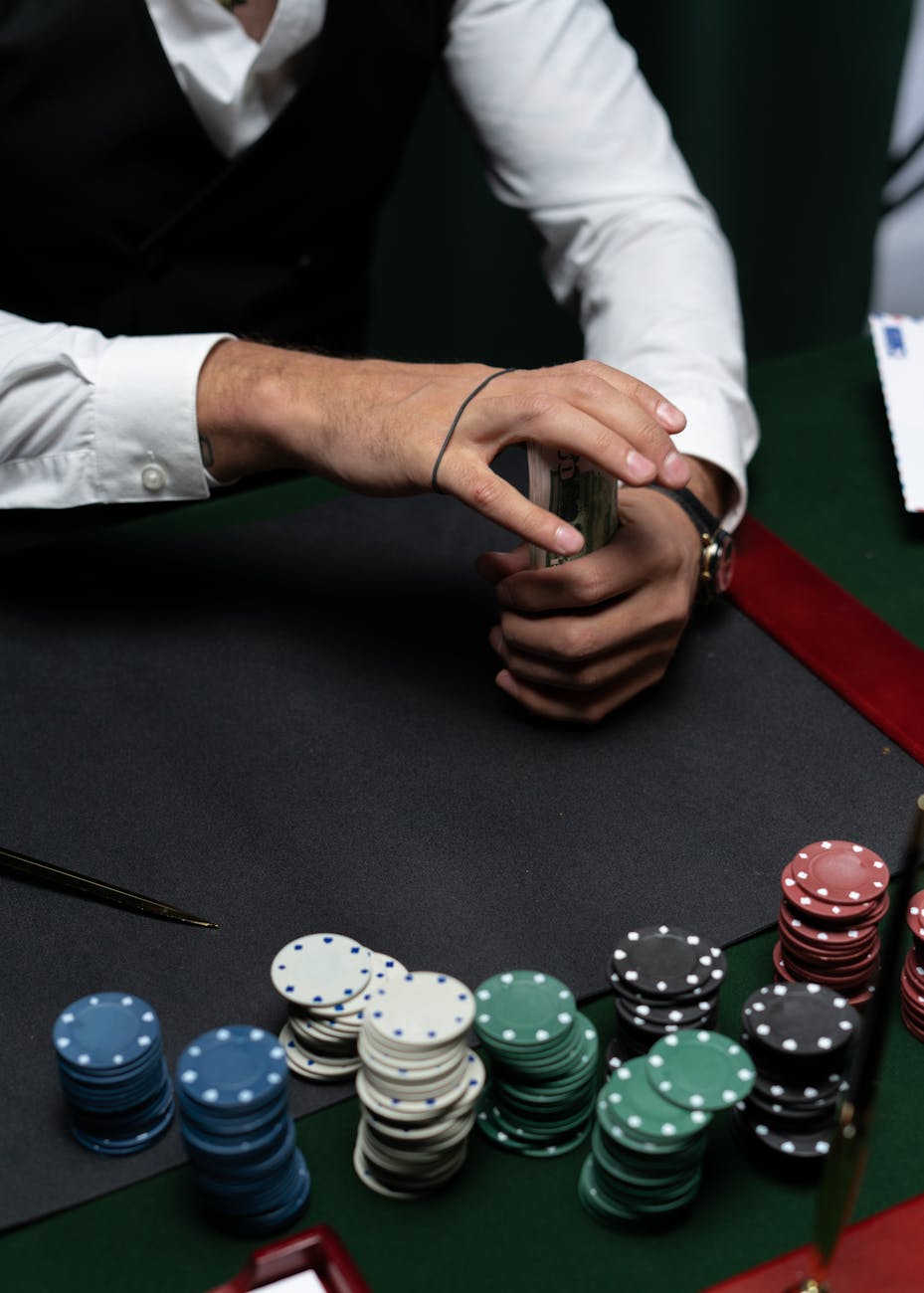 stacked casino tokens on table top