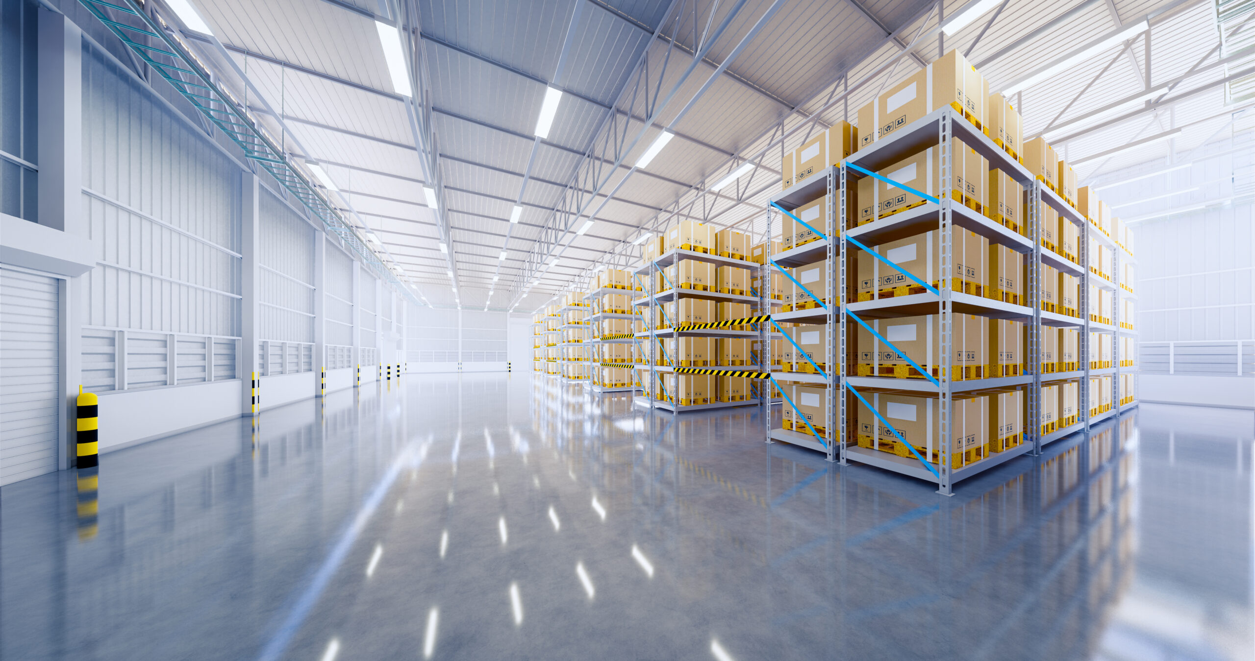 A bright, spacious warehouse space with reflective floors. Large cardboard boxes are secured on tall metal shelving units.