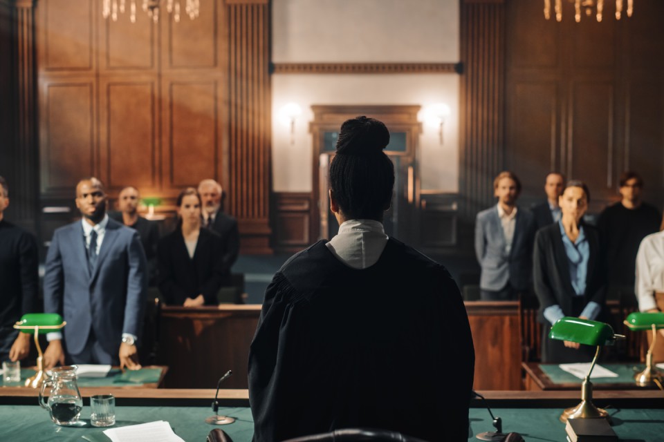 A judge, prosecutor, defense attorney, plaintiff, defendant, and spectators standing in a courtroom paneled with dark wood.