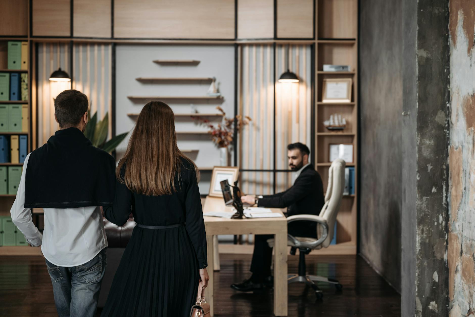 a couple walking in the office