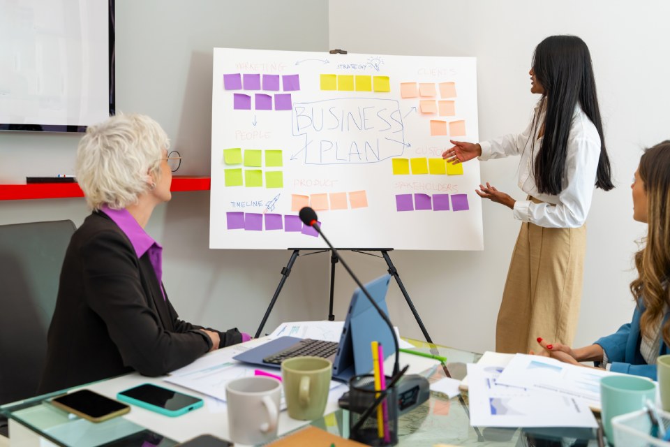 A woman standing by a white board that says "business plan," giving a presentation to two other women sitting at a table.