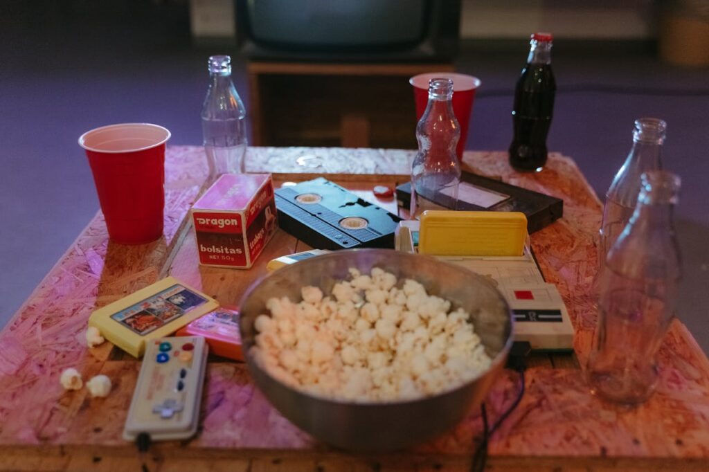 popcorn bowl on top of wooden table