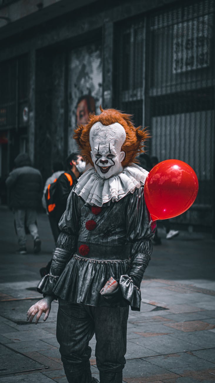 man wearing creepy costume holding red balloon