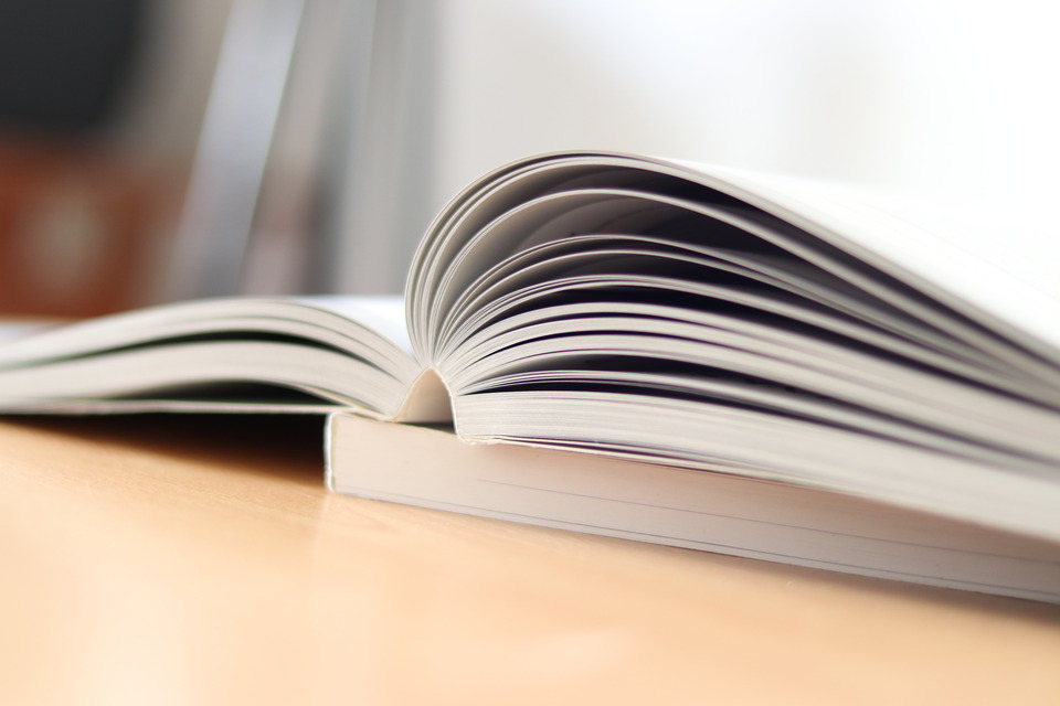 A thick book with white pages sits open on top of another book. The books sit on a light wooden table.