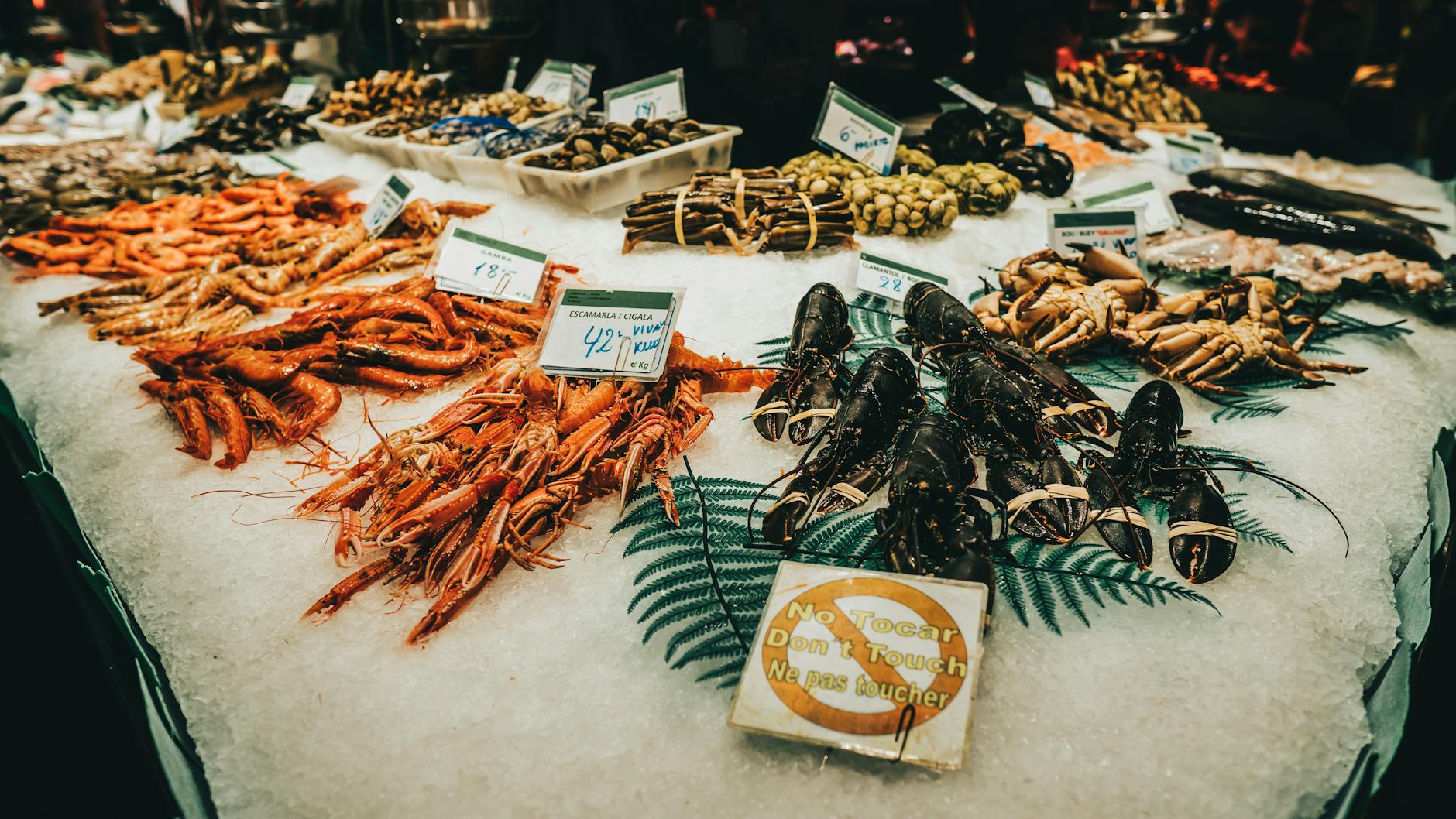 assorted seafood in a market