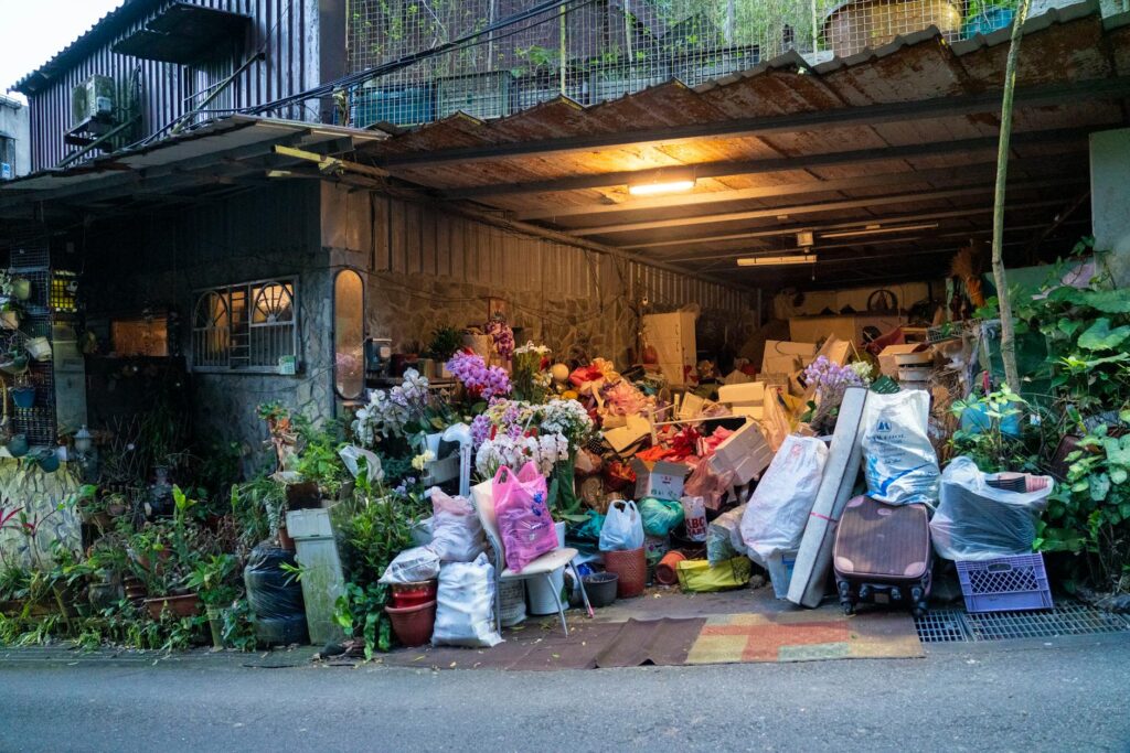 plants and bags in garage