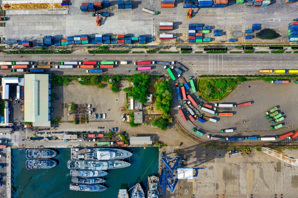 high angle shot of colorful trucks