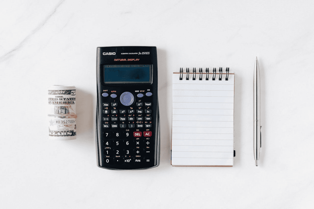 Composition of calculator with paper money and notebook with pen - Lead Grow Develop - Business, Technology, Personal Development Composition of calculator with paper money and notebook with pen