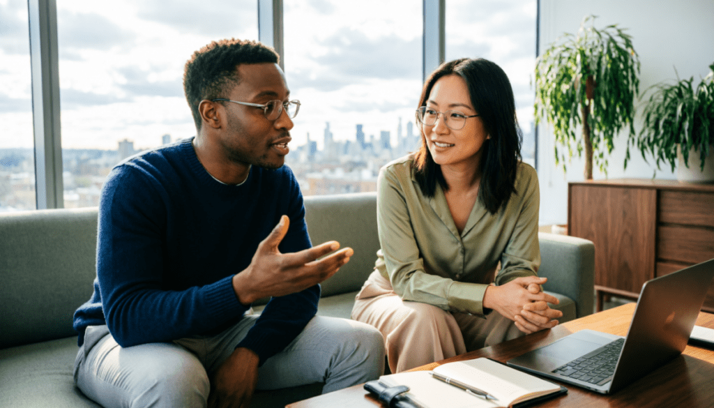 man and woman holding a meeting in front of a laptop