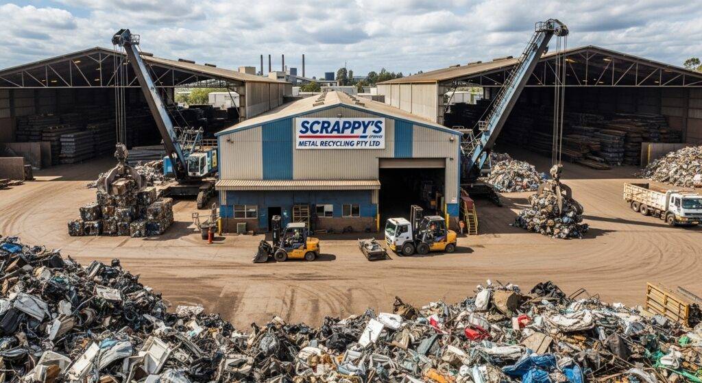 Industrial scrap yard with two large cranes loading metal piles in front of a blue Scrappy's Metals building.