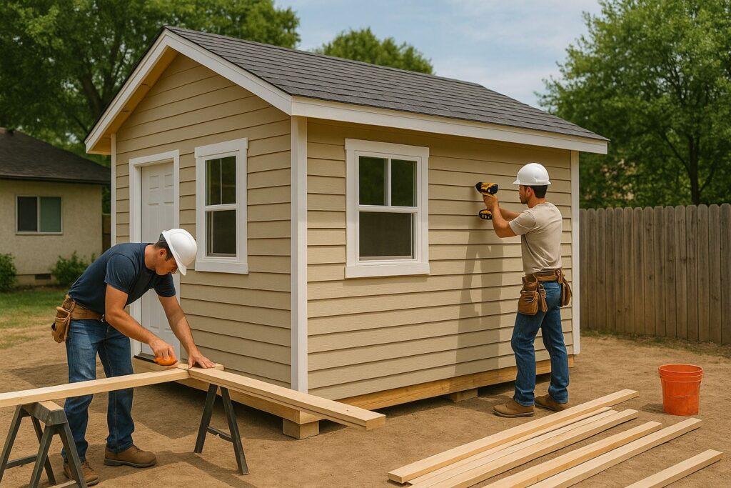 Two construction workers wearing hard hats build a small beige shed, one cutting a beam on a work surface while the other drills siding on the shed exterior, with lumber and tools nearby.