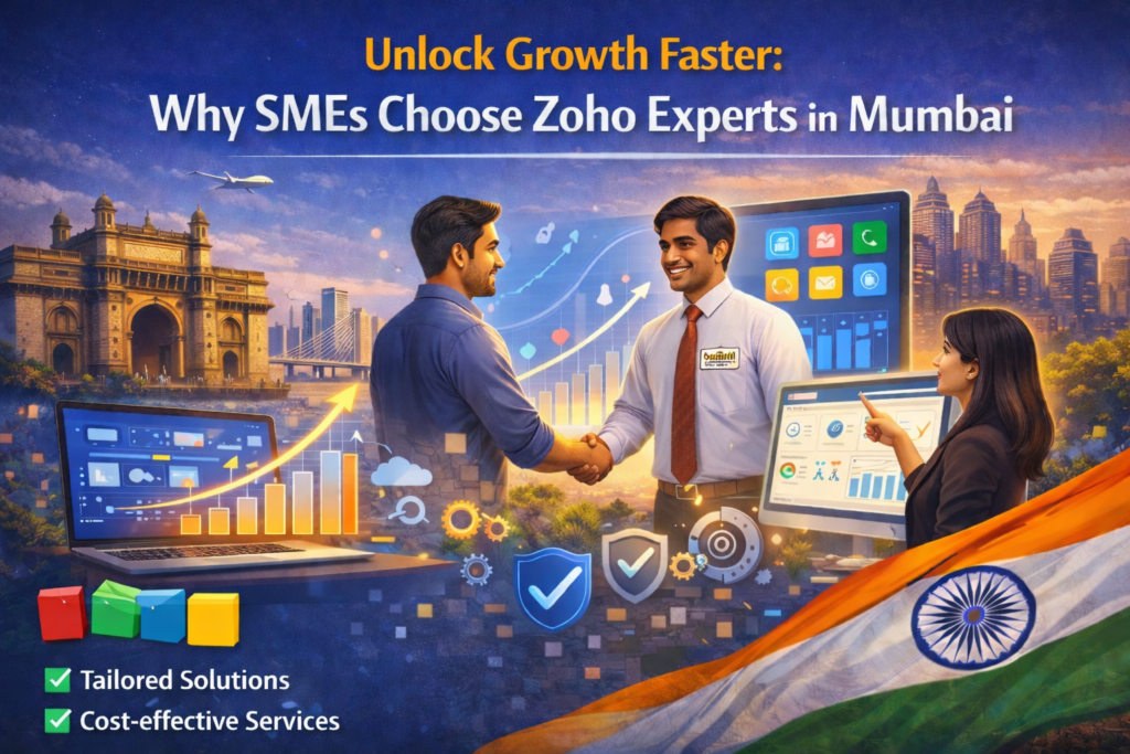 Two men shake hands in front of large screens showing charts and app icons, with the Mumbai skyline in the background and an Indian flag motif.