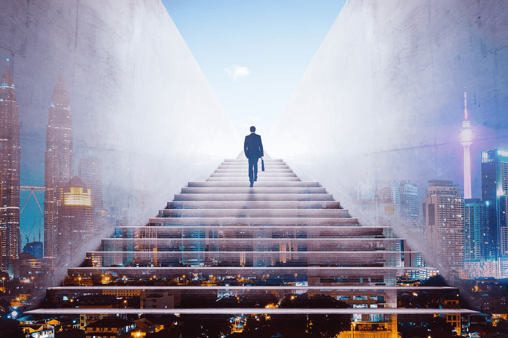 image - Lead Grow Develop - Business, Technology, Personal Development leader climbing up stairs to success