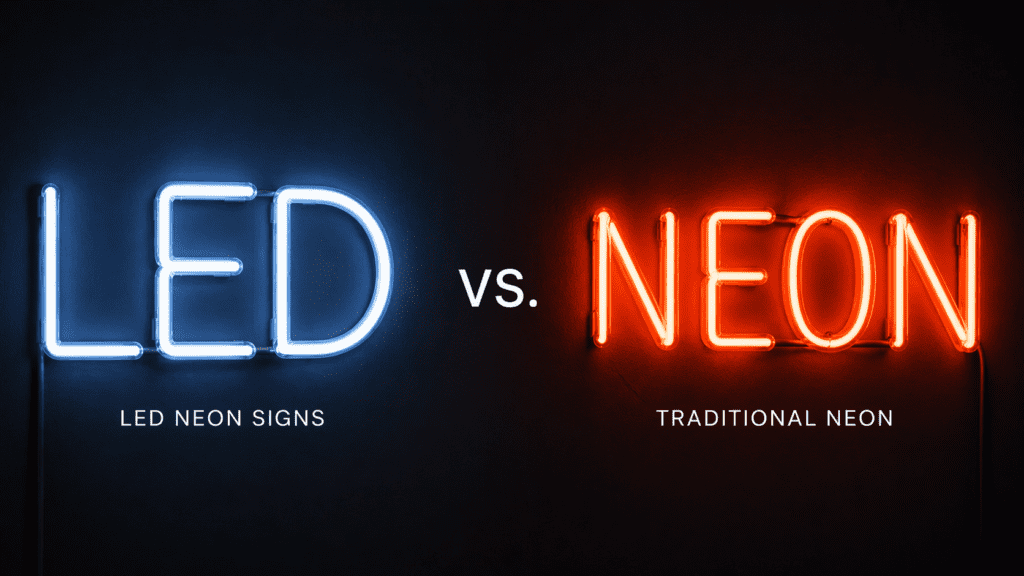 Side-by-side comparison of LED and traditional neon signs: blue LED letters spelling 'LED' with 'LED NEON SIGNS' caption left, red neon spelling 'NEON' with 'TRADITIONAL NEON' caption right, connected by 'vs.' in the center.
