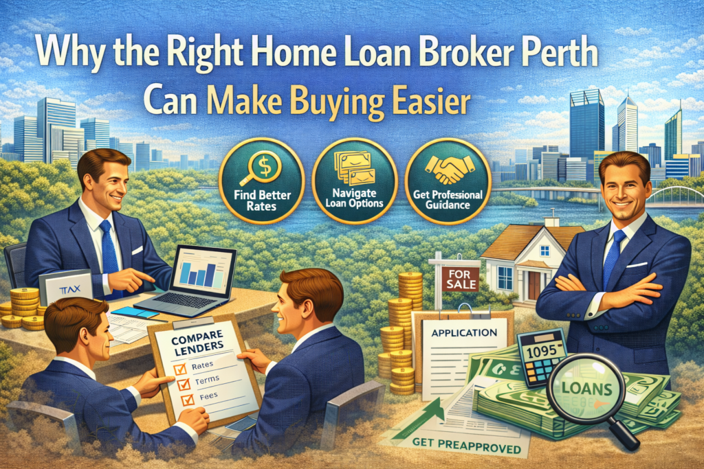 Promotional poster for a Perth home loan broker with three icons: Find Better Rates, Navigate Loan Options, Get Professional Guidance, and suited agents against a cityscape backdrop