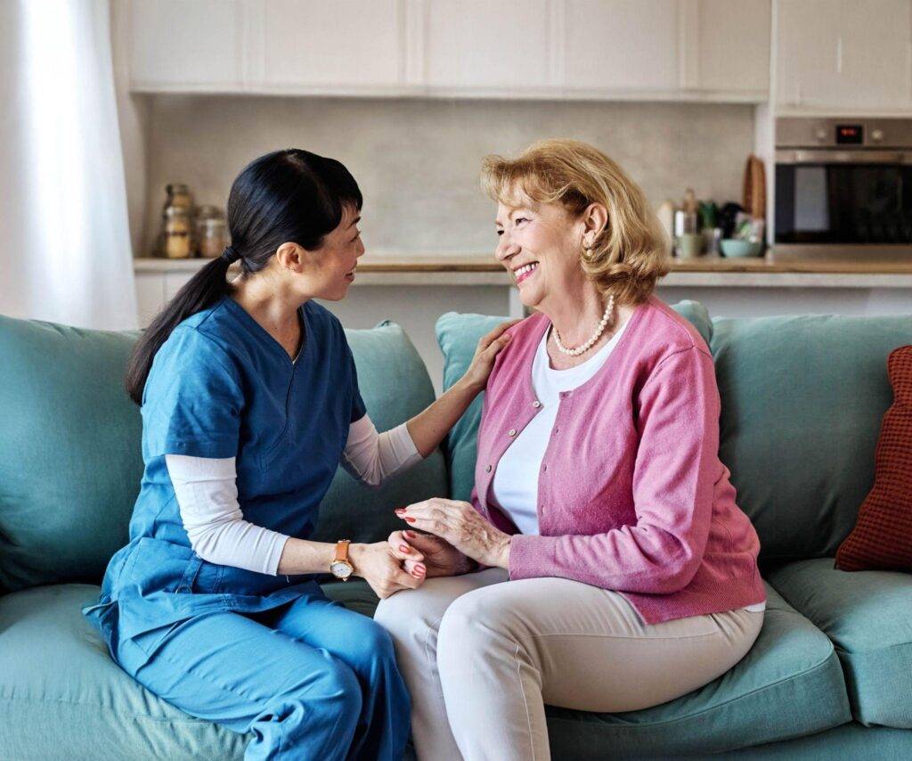 Two women sit close on a teal couch, holding hands and smiling at each other in a warm, supportive moment in a living room.