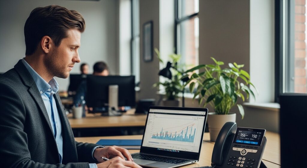 Man in a blazer working on a laptop with a rising chart on screen in a modern office with plants nearby.