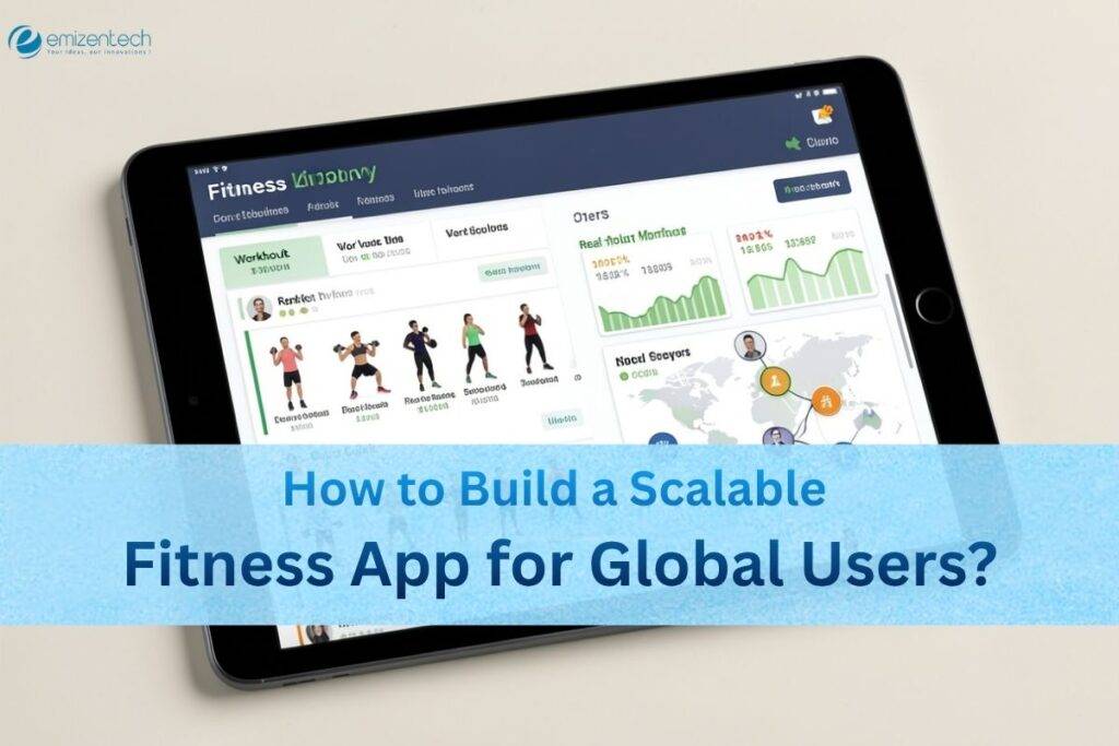 Tablet displaying a fitness app dashboard with charts and workout icons, overlaid by a blue banner reading 'How to Build a Scalable Fitness App for Global Users?'