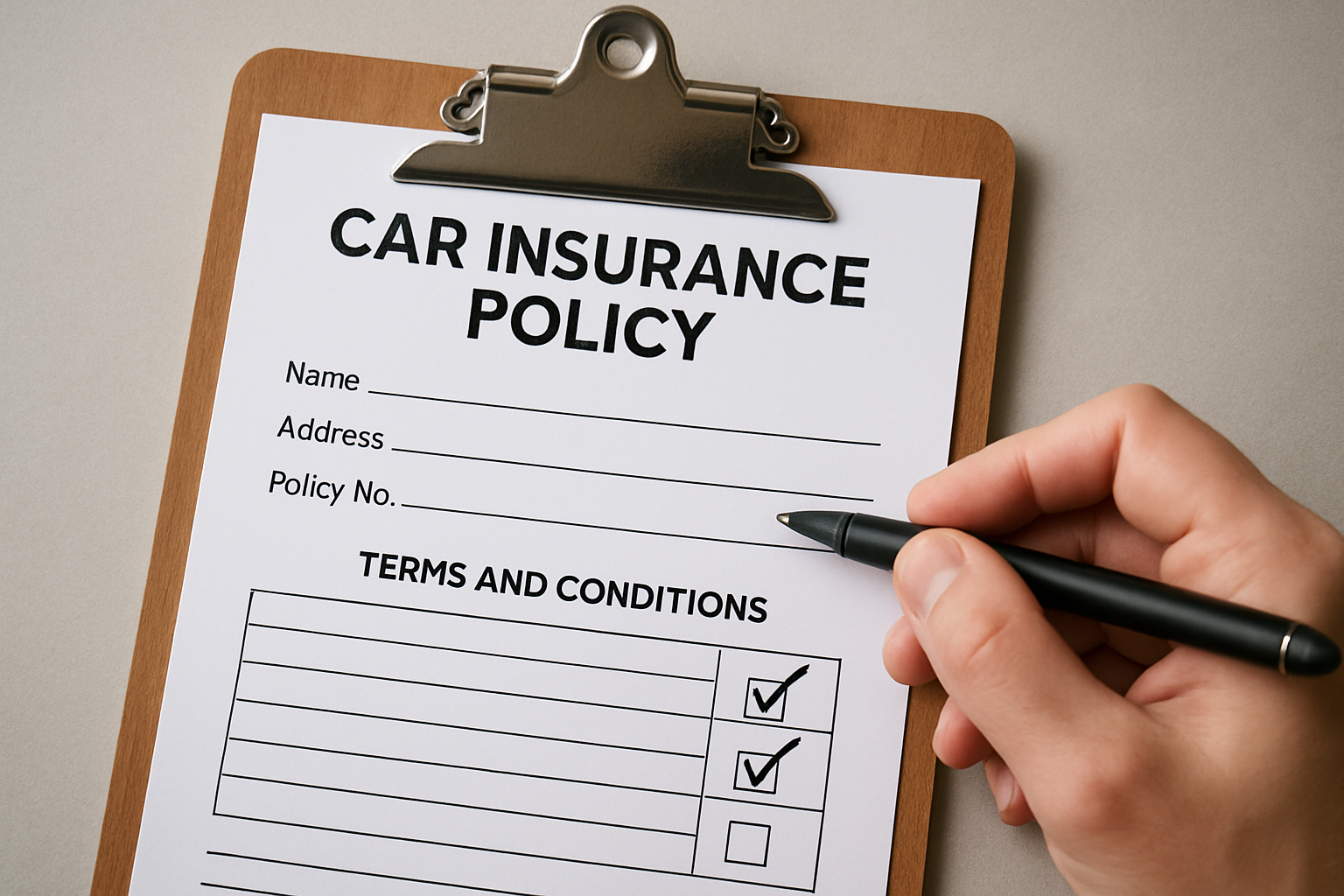Car Insurance Policy on a clipboard generated by AI