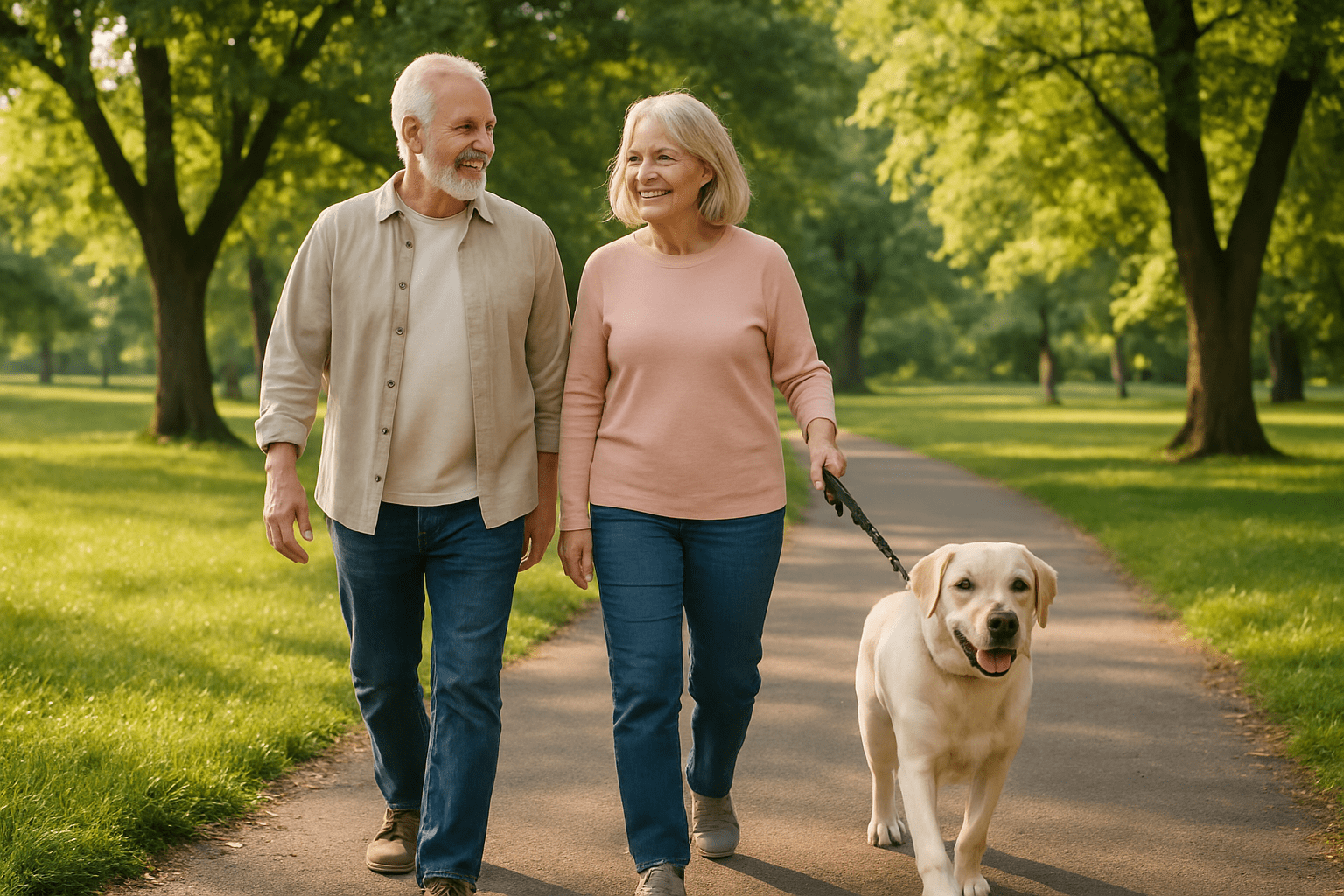 a baby boomer couple going for a walk with a dog