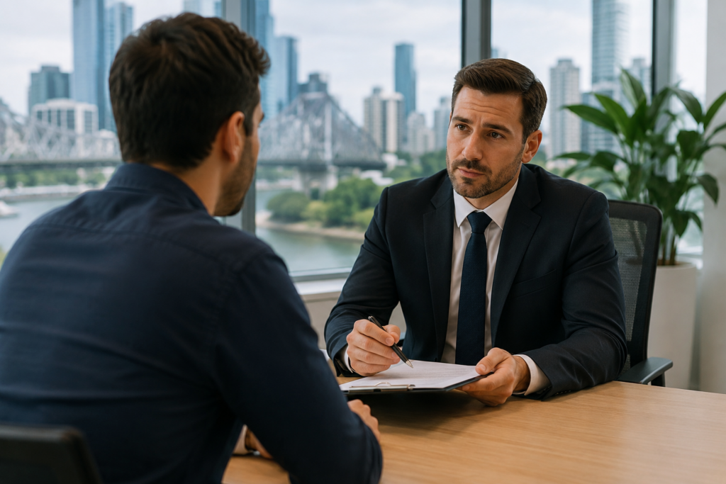 Man in a dark suit signs documents for a colleague across a wooden desk in a modern office with a city view behind him.