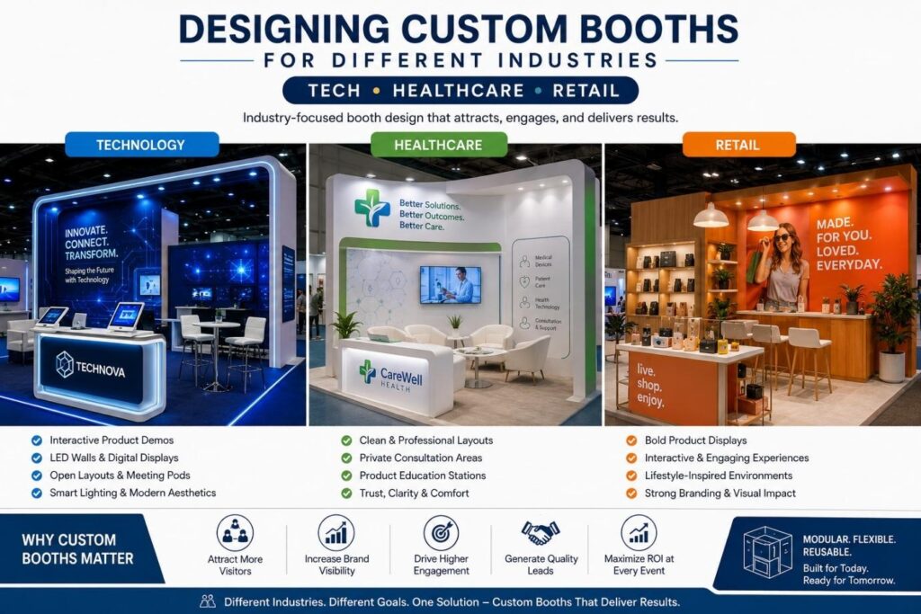 image - Lead Grow Develop - Business, Technology, Personal Development Infographic-style booth design layout showing three industry booths (Technology, Healthcare, Retail) with descriptive captions and bullet points of features and benefits for each sector.