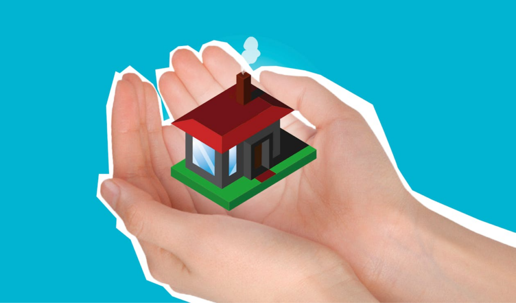 Isometric house cradled in open hands, symbolizing home protection.