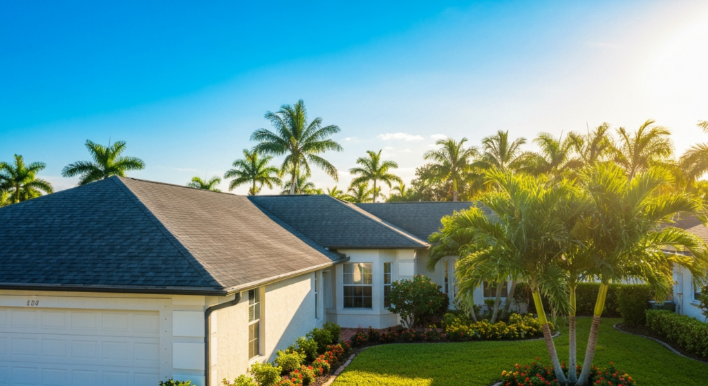 Sunlit, single-story suburban house with a gray shingled roof, beige exterior, a two-car garage, and tropical landscaping with palm trees and flowers in the front yard.