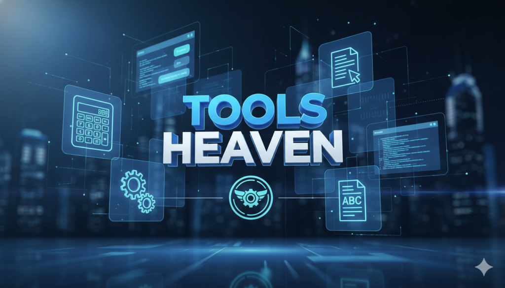 Blue, futuristic banner reading 'TOOLS HEAVEN' with floating holographic icons (gears, documents, code) against a techy cityscape background.