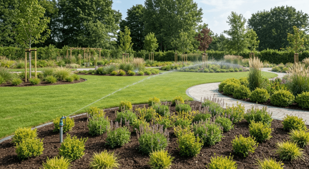 image - Lead Grow Develop - Business, Technology, Personal Development Garden with a curved stone path, sprinkler watering low shrubs and purple flowering plants amid a green lawn.