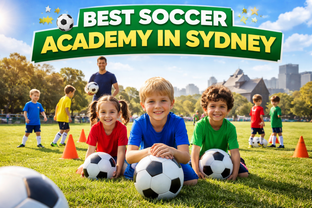 Banner reads 'Best Soccer Academy in Sydney' above smiling kids with soccer balls on a sunny grassy field in a park.