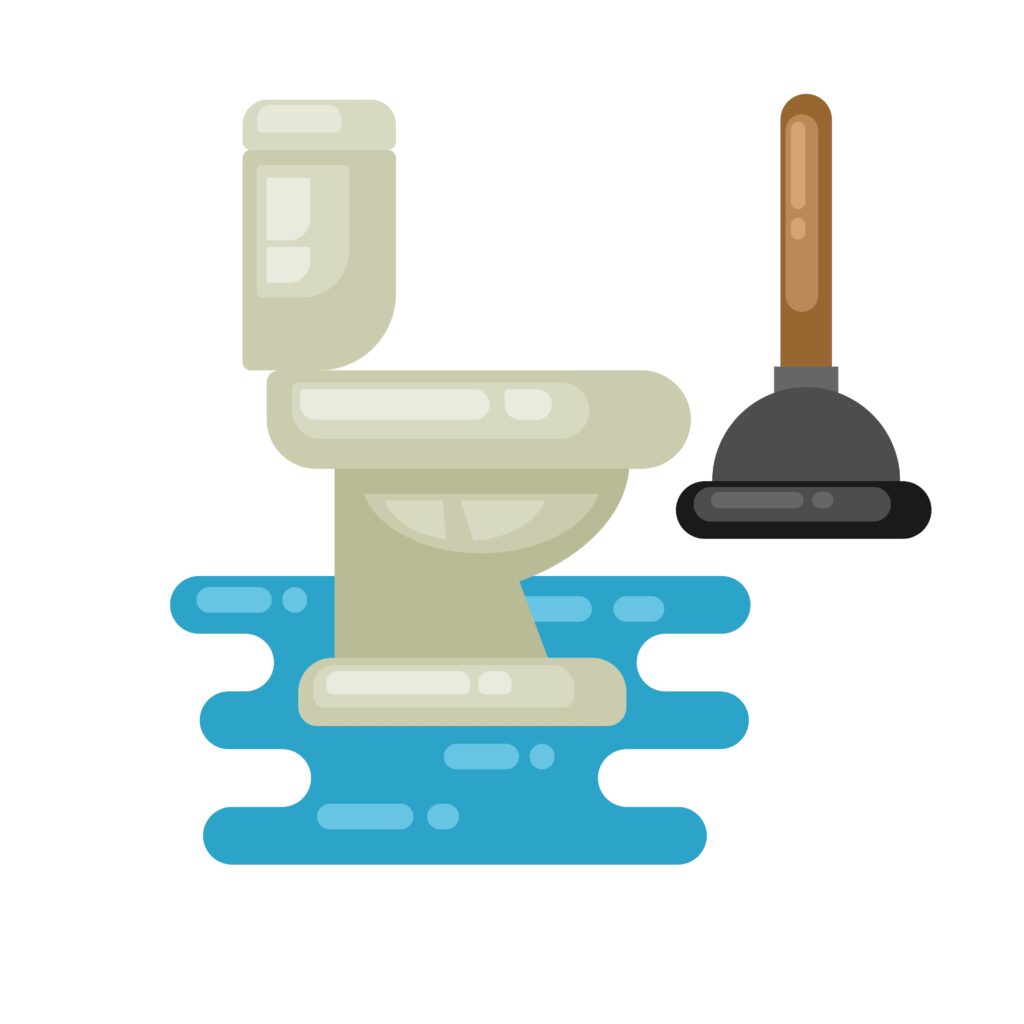 A toilet is overflowing with a plunger nearby.