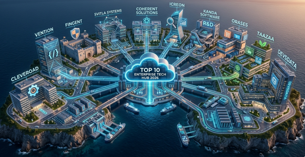 Futuristic tech hub map centered on a cloud with Top 10 Enterprise Tech Hub 2026 and glowing connections to labeled companies around the island city.