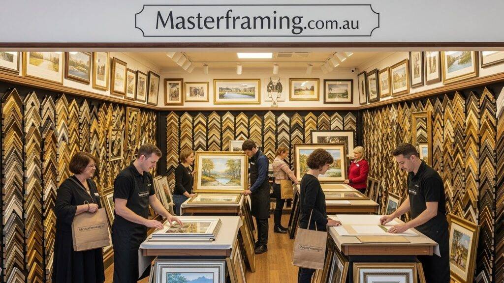 Interior of a framing shop called Masterframing.com.au; staff and customers browse and handle framed artworks among wall-to-wall frame samples on display.
