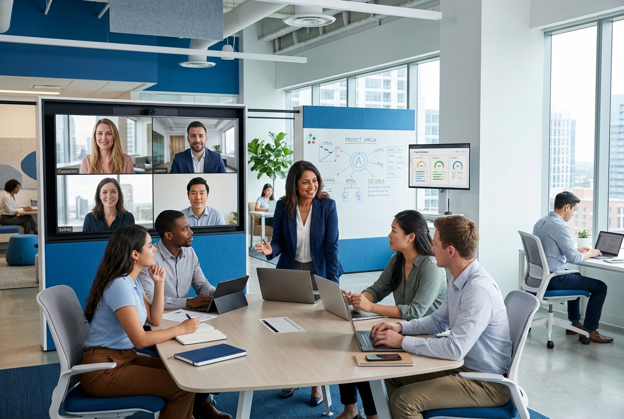 Team in a modern conference room collaborating around a table as a presenter leads a hybrid meeting, shown on a large video-call screen with six participants.