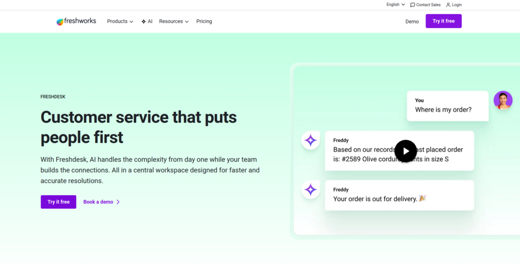 freshdesk - Lead Grow Develop - Business, Technology, Personal Development Hero section for Freshworks: mint gradient background, large bold headline 'Customer service that puts people first' with subtext and purple 'Try it free' CTA on the left; chat‑style illustration on the right.