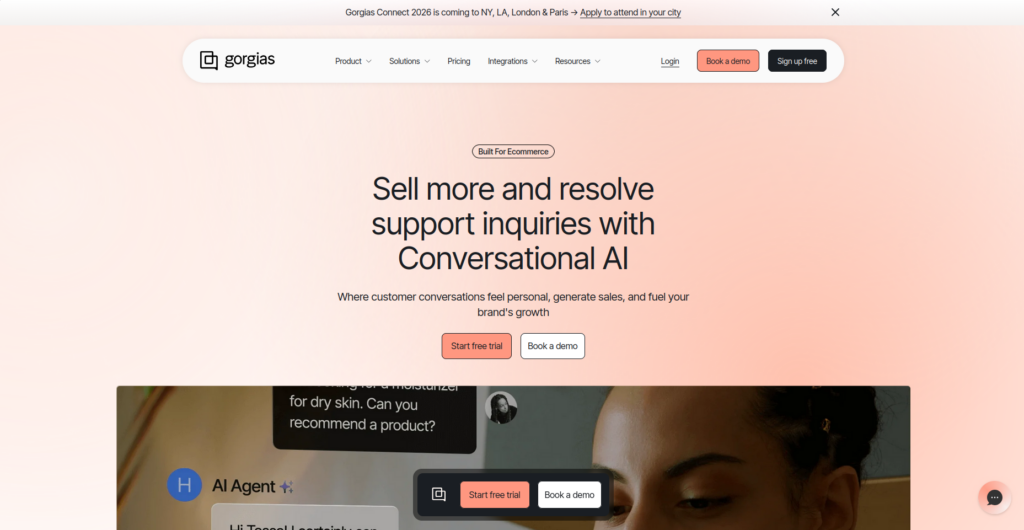 gorgias - Lead Grow Develop - Business, Technology, Personal Development Hero banner with a peach gradient background, featuring the headline about Conversational AI and two CTAs (Start free trial, Book a demo).