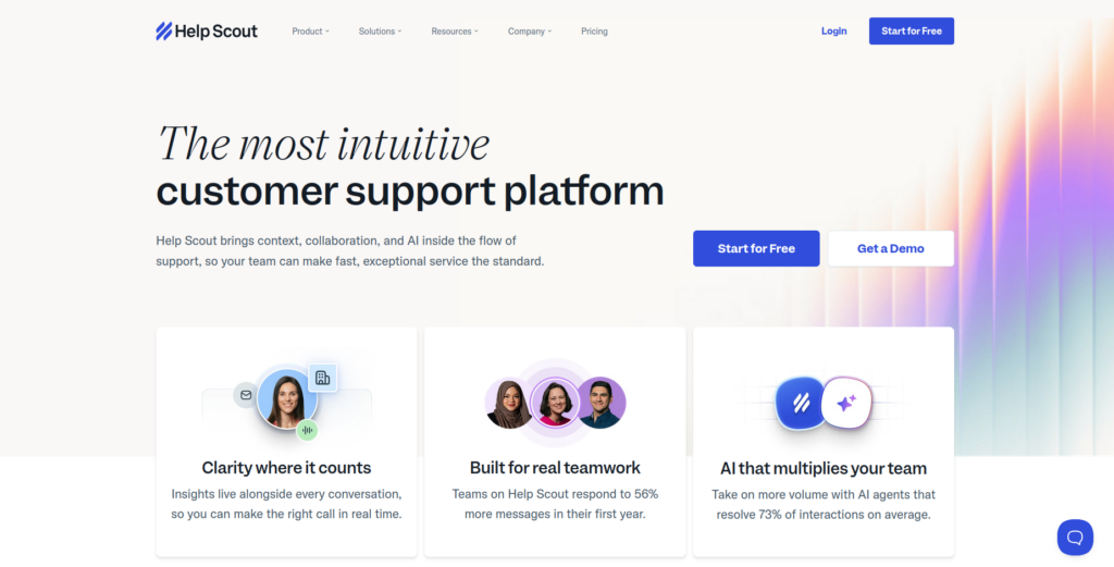helpscout - Lead Grow Develop - Business, Technology, Personal Development Hero section showing Help Scout's landing page with headline 'The most intuitive customer support platform' and two CTAs: 'Start for Free' and 'Get a Demo' on a light background with a rainbow gradient on the right.