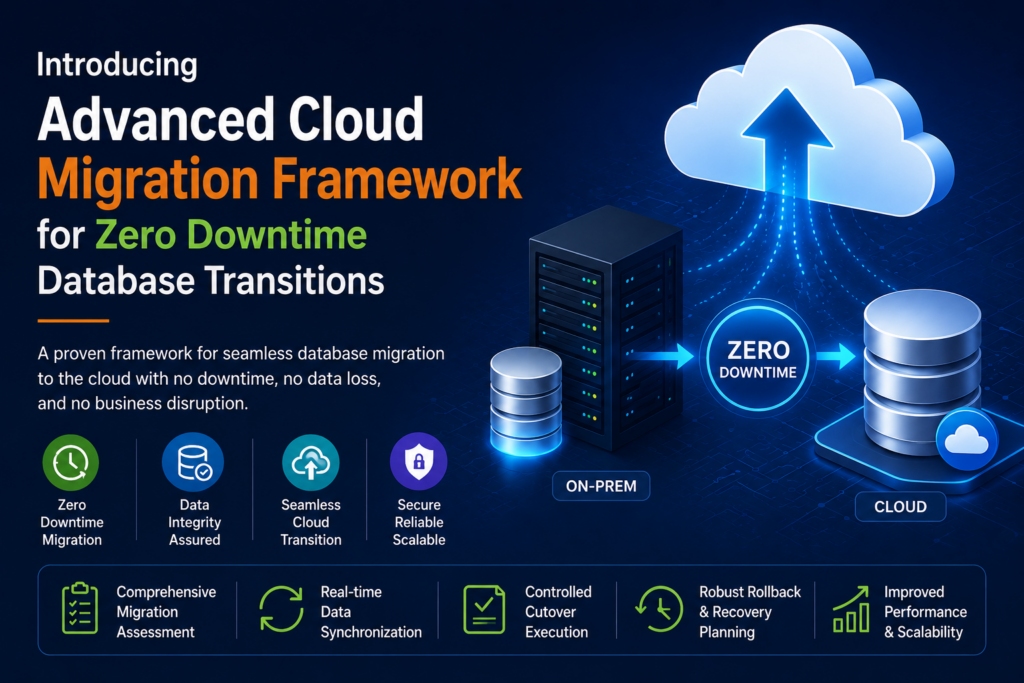 Banner announcing Advanced Cloud Migration Framework for Zero Downtime Database Transitions with cloud upload graphic and on-prem vs cloud icons.
