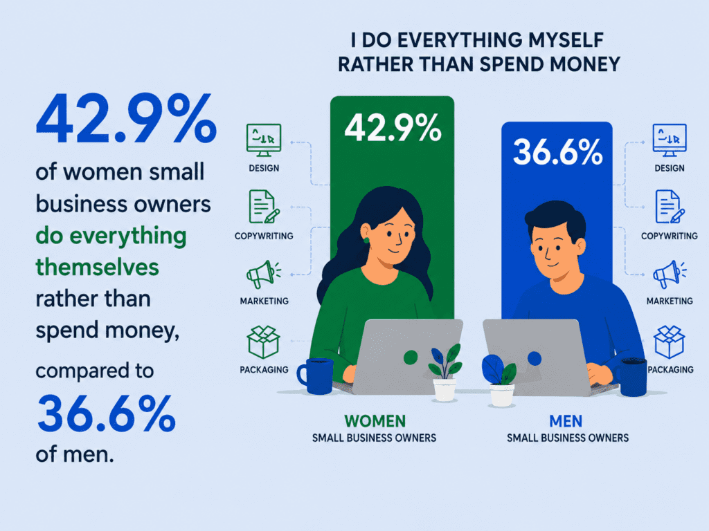 image - Lead Grow Develop - Business, Technology, Personal Development Infographic: 42.9% of women small‑business owners do everything themselves; 36.6% of men, with icons for design, copywriting, marketing and packaging and two people at laptops.