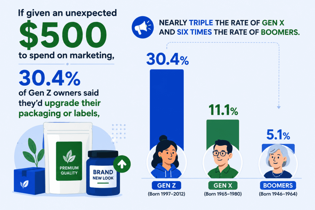 image - Lead Grow Develop - Business, Technology, Personal Development Economic infographic: Gen Z, Gen X, and Boomers with purchase percentages and a 0 marketing spend statement on the left side.