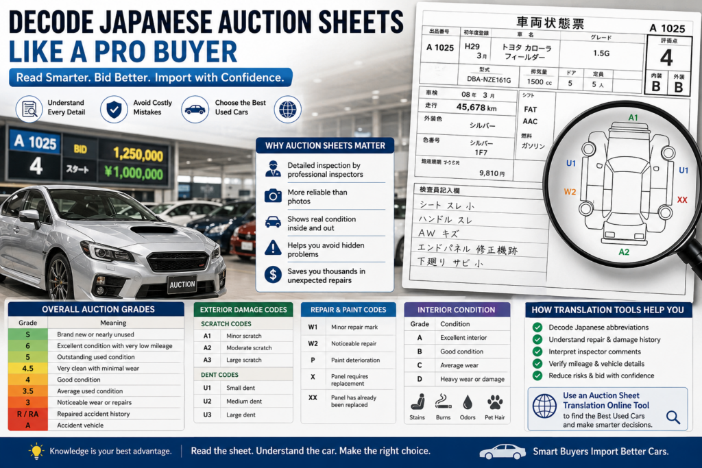 Promotional infographic about decoding Japanese auction sheets for smart car buying, with a silver car and a magnified auction form.