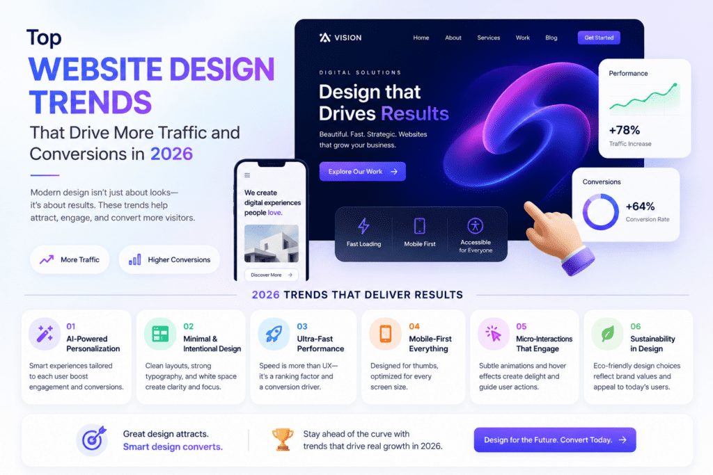 image - Lead Grow Develop - Business, Technology, Personal Development Hero showcasing top website design trends with a gradient headline and device mockups like a phone and large monitor showing bold text and glowing graphics.