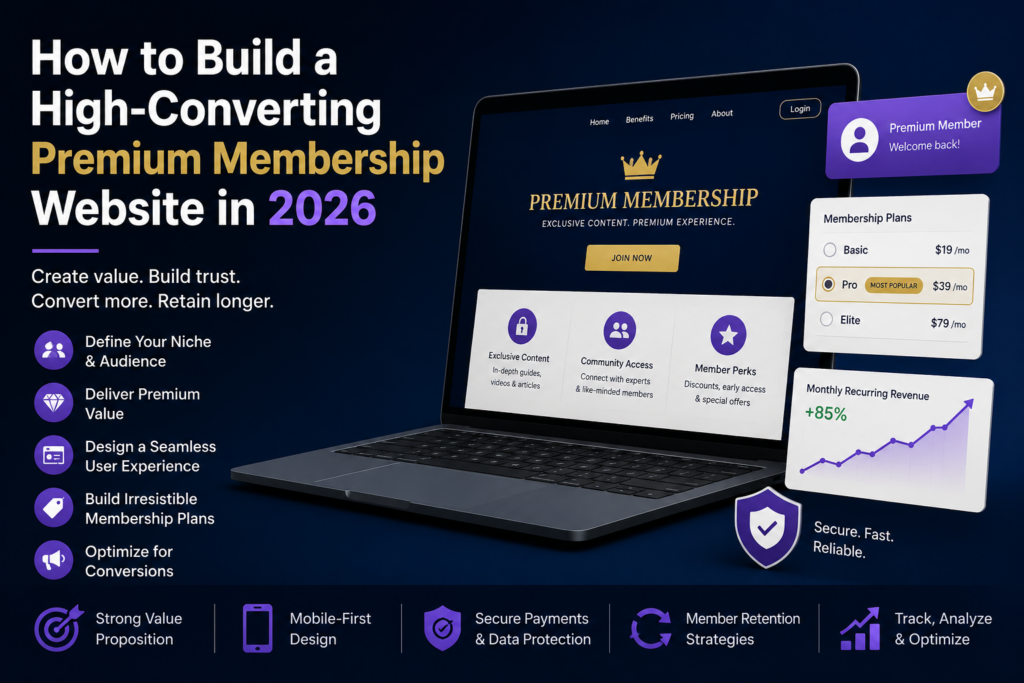 Promotional hero showing a laptop with a logo'Premium Membership' and a 'Join Now' button on a dark gradient background, with big headline text and a left column of feature bullets in purple icons.